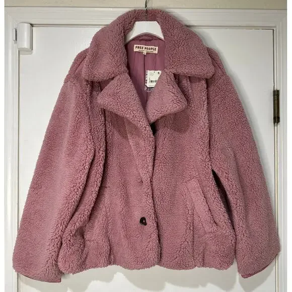 Free People Joplin Faux Fur Cozy Teddy Jacket Smoked Pink Size Large NWT Slouchy